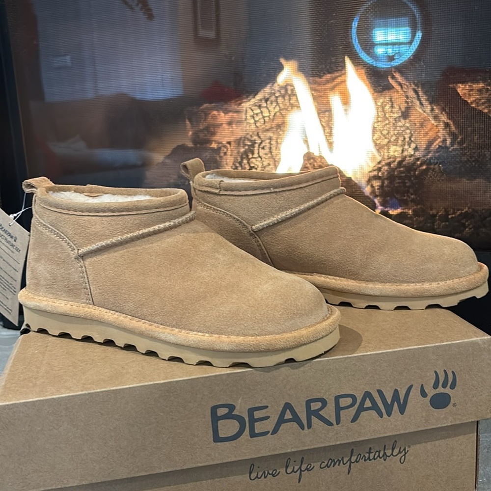 BEARPAW Super Shorty booties,cow suede,wool blend,sheepskin,never wet,rugged